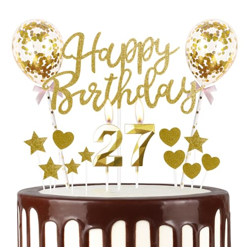 Gold 27th Geburtstag Kerze, Gold Alles Gute zum Geburtstag Kuchen Topper, Gold Ballons, Gold Zahl 27 Kerzen für Kuchen,Gold Kerzen Kuchen Topper für Mädchen Jungen Frauen Geburtstag Party Dekor von mciskin