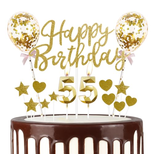 Gold 55th Geburtstag Kerze, Gold Alles Gute zum Geburtstag Kuchen Topper, Gold Ballons, Gold Zahl 55 Kerzen für Kuchen,Gold Kerzen Kuchen Topper für Mädchen Jungen Frauen Geburtstag Party Dekor von mciskin