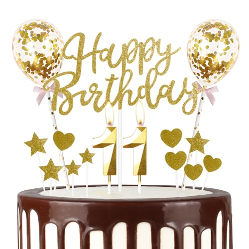 Gold Happy 11th Birthday Kerzen mit Glitzer Happy Birthday Cake Topper Gold Happy Birthday Luftballons Zahl 11 Kerzen für Kuchen Gold Kerzen Kuchen Topper für Mädchen Frauen Männer von mciskin
