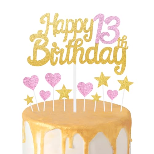 Gold Rosa 13 Geburtstag Kuchen Topper Mädchen 13 Geburtstag Dekorationen Glitzer Herz Sterne Kuchen Topper Personalisierte Happy Birthday Kuchen Cupcake Topper für Frauen Mädchen Baby Geburtstag Party von mciskin