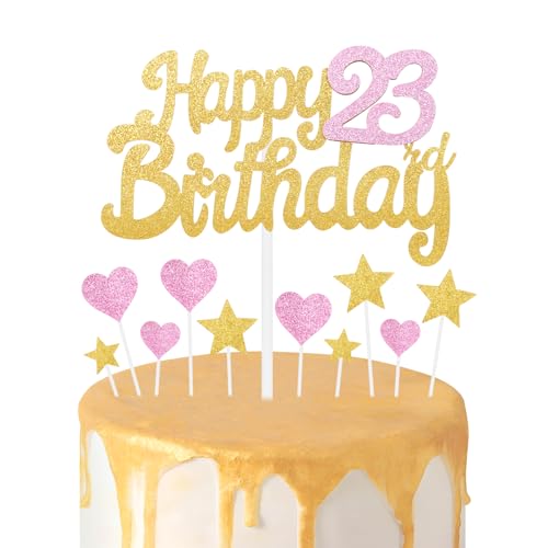 Gold Rosa 23 Geburtstag Kuchen Topper Mädchen 23 Geburtstag Dekorationen Glitzer Herz Sterne Kuchen Topper Personalisierte Happy Birthday Kuchen Cupcake Topper für Frauen Mädchen Baby Geburtstag Party von mciskin