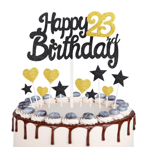 Gold Schwarz 23 Geburtstag Kuchen Topper Mädchen 23 Geburtstag Dekorationen Gold Herz Sterne Cake Toppers Personalisierte Happy Birthday Kuchen Cupcake Toppers für Frauen Männer Mädchen Jungen von mciskin