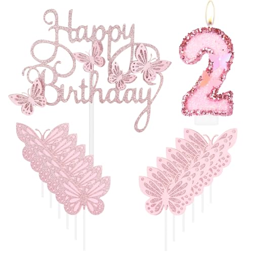 Geburtstagskerze "Happy 2nd Butterfly", rosa Nummer 2, Kerze mit Glitzer, Schmetterlingskuchen, Cupcake-Topper für Mädchen, erster Geburtstag, Dekorationen, Mädchen, rosa Schmetterlings-Thema für 2. von mciskin