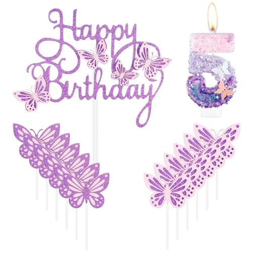 Geburtstagskerzen "Happy 5th Butterfly", rosa lila Zahl 5 Kerze mit Schmetterlingskuchen, Cupcake-Topper für Mädchen, Kuchendekorationen zum 5. Geburtstag, niedlicher 5. Geburtstag Kuchenaufsatz für von mciskin