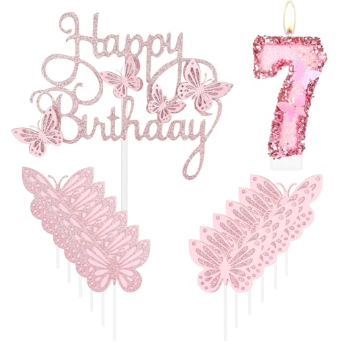 Geburtstagskerze "Happy 7th Butterfly", rosa Nummer 7, Kerze mit Glitzer, Schmetterlingskuchen, Cupcake-Topper für Mädchen, erster Geburtstag, Dekorationen, Mädchen, rosa Schmetterlings-Thema für 7. von mciskin