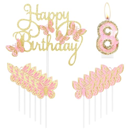 Happy 8th Birthday Schmetterling Kerzen Kuchen Cupcake Topper Rosa Gold Zahl 8 Kerze für Kuchen Mädchen 8. Geburtstag Kuchen Dekorationen Rosa Schmetterling 8. Geburtstag Kuchen Topper für von mciskin