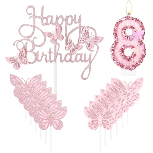 Geburtstagskerze "Happy 8th Butterfly", rosa Nummer 8, Kerze mit Glitzer, Schmetterlingskuchen, Cupcake-Topper für Mädchen, erster Geburtstag, Dekorationen, Mädchen, rosa Schmetterlings-Thema für 8. von mciskin