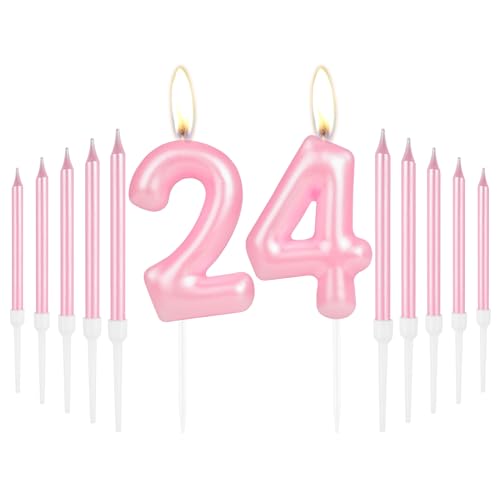 Hellrosa Geburtstagskerzen, Rosa Geburtstag Zahl Kerzen, Zahl 24 Kerzen Set, Mädchen 24 Geburtstag Kuchen Dekorationen, Kuchen Kerze Kuchen Topper für Frauen Geburtstag Party Dekoration Hochzeitstag von mciskin