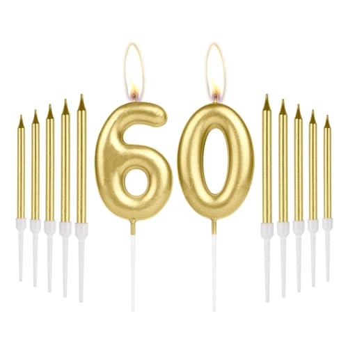 Kerzen zum 60. Geburtstag, goldene lange Stab-Geburtstagskerzen, Zahl 60, Geburtstagskerzen für Kuchen, Kuchendekoration, für Damen, Herren, Geburtstagsparty, 60. Hochzeitstag, Dekorationen Kerzen zum 60. Geburtstag, goldene lange Stab-Geburtstagskerzen, Zahl 60, Geburtstagskerzen für Kuchen, Kuchendekoration, für Damen, Herren, Geburtstagsparty, 60. Hochzeitstag, Dekorationen von mciskin