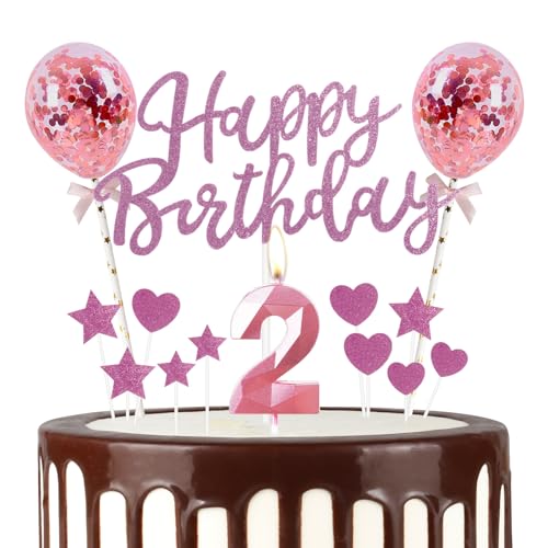 Mciskin 2 Happy Birthday Kerzen, Glitzer Happy Birthday Cake Topper, Rosa Happy Birthday Luftballons, Rosa 2 Kerzen Kuchen Topper Stern/Herz Cupcake Toppers Dekorationen für Mädchen Frauen Geburtstag von mciskin