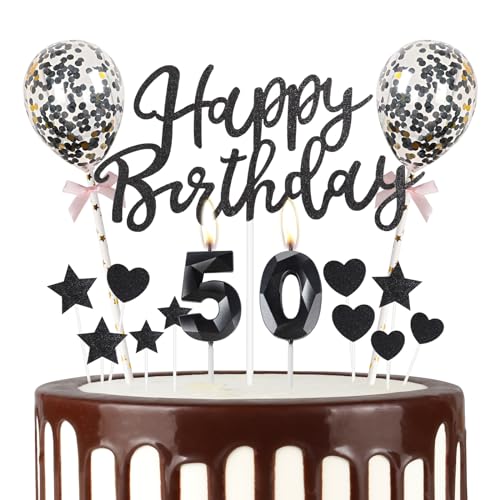 Mciskin 50th Happy Birthday Kerzen, Glitter Happy Birthday Cake Topper, Black Happy Birthday Balloons, Black 50 Candles Wedding Cake Star/Heart Cupcake Toppers Decorations for Women Birthday Party von mciskin