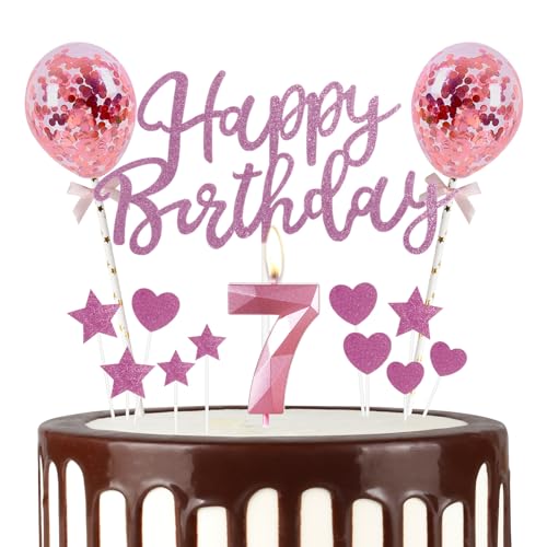 Rosa Kerze zum 7. Geburtstag, rosa Kuchenaufsatz zum 7. Geburtstag, rosa Luftballons, rosa Kerzen für Kuchen, rosa Kerzen für Mädchen, Jungen, Geburtstagsparty-Dekorationen von mciskin