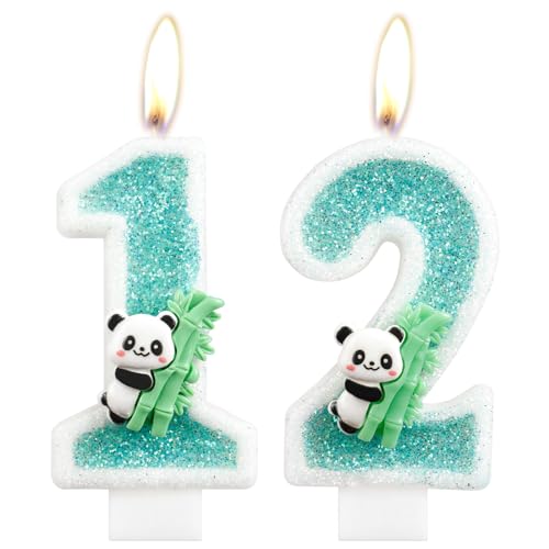 Panda Happy Birthday Tortenaufsatz Zahl 12 Kerze, Panda Bär Bambus 12. Geburtstag Kuchendekoration Tiere Thema Party Supplies für Jungen Mädchen Kinder (12. Grün) von mciskin