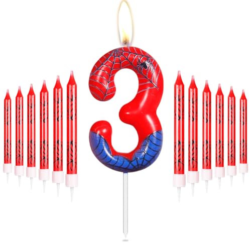 Personalisiertes Happy 3rd Birthday Kuchen Kerzen Set, Blau Rot Kerzen mit Spinnennetz, Spinne Nummer 3 Kerzen Kuchen Topper für Kuchen, Spinne Thema Party Kerzen für Jungen Mädchen 3. Geburtstag von mciskin