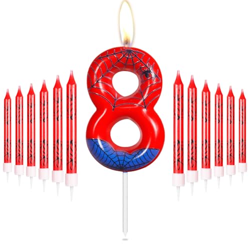 Personalisiertes Happy 8th Birthday Kuchen Kerzen Set, Blau Rot Kerzen mit Spinnennetz, Spinne Nummer 8 Kerzen Kuchen Topper für Kuchen, Spinne Thema Party Kerzen für Jungen Mädchen 8. Geburtstag von mciskin