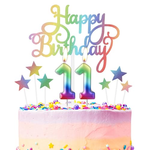 Regenbogen-Kerzen zum 11. Geburtstag, "Happy 11th Birthday", Regenbogen-Kuchendekoration, Metallic-Regenbogen-Kerzen für Kuchen, bunte Kerzen, Kuchenaufsatz für Mädchen und Jungen, von mciskin
