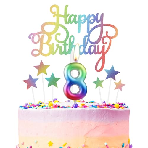Regenbogen-Kerzen zum 8. Geburtstag, "Happy 8th Birthday", Regenbogen-Kuchendekoration, Metallic-Regenbogen-Kerze für Kuchen, bunte Kerzen, Kuchenaufsatz für Mädchen und Jungen, von mciskin