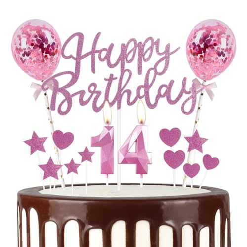 Rosa 14th Geburtstag Kerze, Rosa Alles Gute zum Geburtstag Kuchen Topper, Rosa Ballons, Rosa Zahl 14 Kerzen für Kuchen,Rosa Kerzen Kuchen Topper für Mädchen Jungen Frauen Geburtstag Party Dekor von mciskin