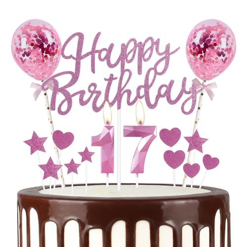 Rosa 17th Geburtstag Kerze, Rosa Alles Gute zum Geburtstag Kuchen Topper, Rosa Ballons, Rosa Zahl 17 Kerzen für Kuchen,Rosa Kerzen Kuchen Topper für Mädchen Jungen Frauen Geburtstag Party Dekor von mciskin