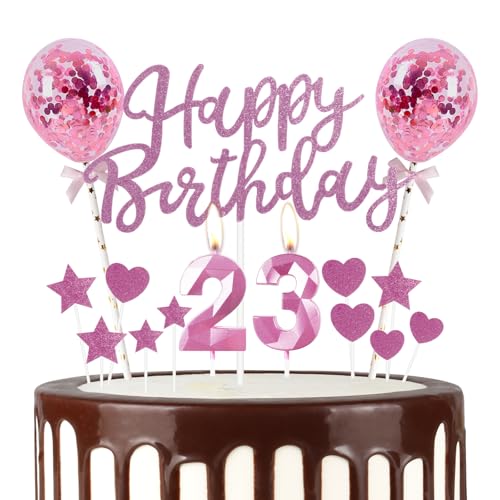 Rosa 23th Geburtstag Kerze, Rosa Alles Gute zum Geburtstag Kuchen Topper, Rosa Ballons, Rosa Zahl 23 Kerzen für Kuchen,Rosa Kerzen Kuchen Topper für Mädchen Jungen Frauen Geburtstag Party Dekor von mciskin