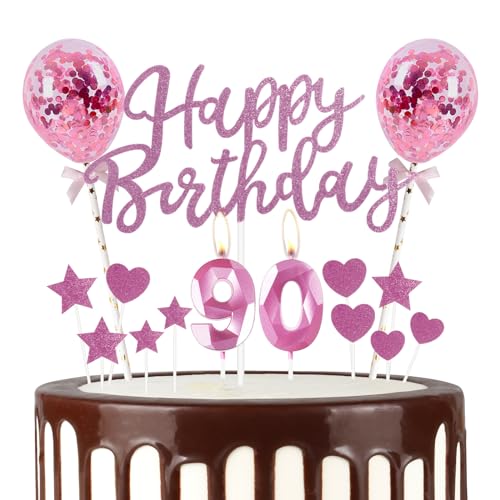 Rosa Happy 90th Birthday Kerzen mit Glitzer Happy Birthday Cake Topper, Rosa Happy Birthday Luftballons, Zahl 90 Kerzen für Kuchen, Rosa Kerzen Kuchen Topper für Mädchen Frauen Männer von mciskin