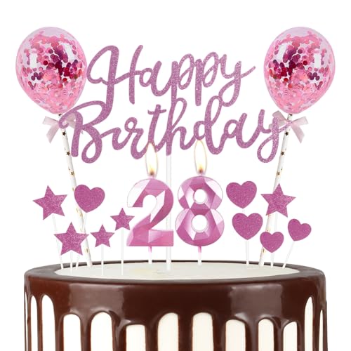 Rosa Kerze zum 28. Geburtstag, rosa Happy Birthday-Kuchenaufsatz, rosa Luftballons, rosa Zahl 28 Kerzen für Kuchen, rosa Kerzen, Kuchendekoration für Mädchen, Jungen, Frauen, Herren, von mciskin