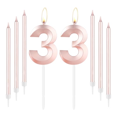 Rose Gold 33th Birthday Candles, Rose Gold Number 33 Candle, Rose Thin Long Candles, Happy Birthday Candle, Rose Gold Cake Topper for Girls Women Birthday Party, 33th Wedding Anniversary Decorations von mciskin