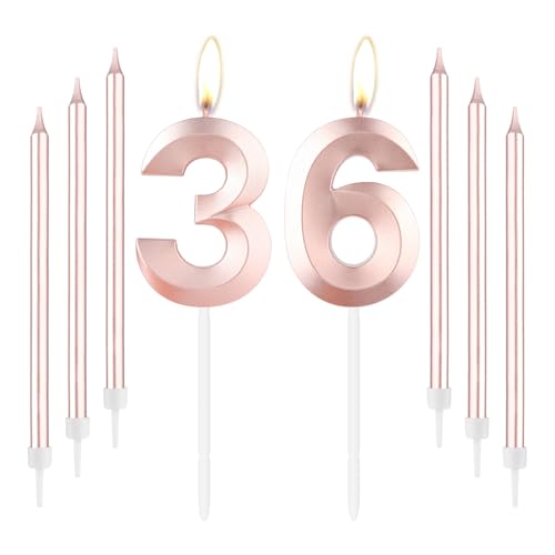 Rose Gold 36th Birthday Candles, Rose Gold Number 36 Candle, Rose Thin Long Candles, Happy Birthday Candle, Rose Gold Cake Topper for Girls Women Birthday Party, 36th Wedding Anniversary Decorations von mciskin