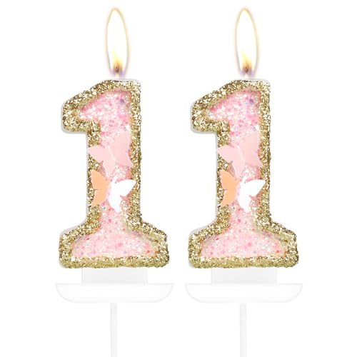 Schmetterling 11. Geburtstag Zahl 11 Kerzen, Rosa Gold Kerzen Kuchen Cupcake Topper für Kuchen, Mädchen 11. Geburtstag Kuchen Dekorationen, Schmetterling 11. Geburtstag Kerze Kuchen Topper für von mciskin