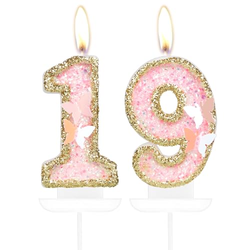 Schmetterling 19 Geburtstag Zahl Kerzen, Rosa Gold 19 Kerzen Kuchen Cupcake Topper für Kuchen, Mädchen 19. Geburtstag Kuchen Dekorationen, Schmetterling 19. Geburtstag Kerze Kuchen Topper für von mciskin