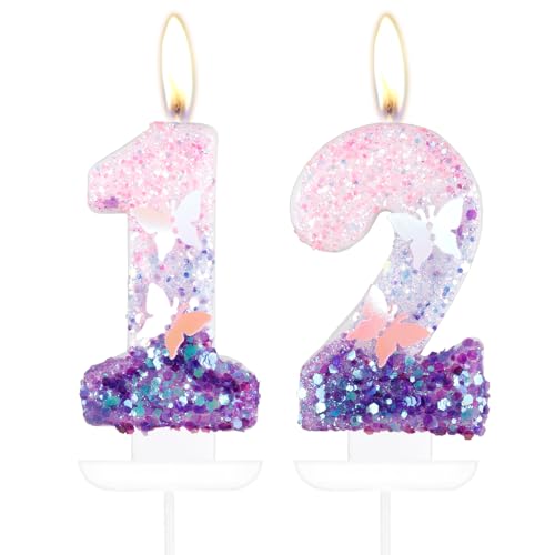 Schmetterling Zahl 12 Kerzen für Kuchen, 12 Geburtstag Schmetterling Kuchen Kerzen Cake Topper Mädchen 12 Geburtstag Kuchen Dekorationen Lila Rosa Schmetterling Geburtstagskerzen Lila Schmetterling von mciskin