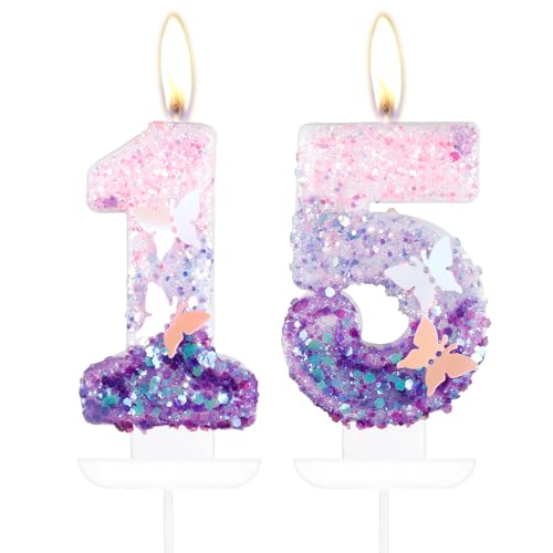 Schmetterling Zahl 15 Kerzen für Kuchen, 15 Geburtstag Schmetterling Kuchen Kerzen Cake Topper Mädchen 15 Geburtstag Kuchen Dekorationen, Lila Rosa Schmetterling Geburtstagskerzen, Lila Schmetterling von mciskin