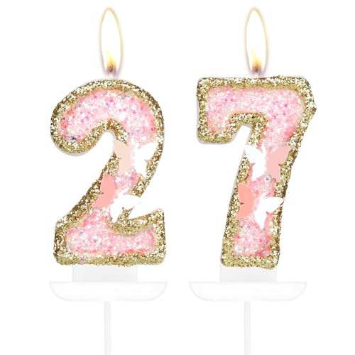 Schmetterling Zahl 27 Kerzen, Rosa Gold Happy 27th Birthday Kerzen für Kuchen Mädchen 27 Geburtstag Kuchen Dekorationen Gold Schmetterling 27 Cake Topper Rosa Kuchen Kerzen Kuchen Topper für Frauen von mciskin