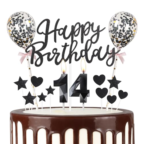 Schwarz 14th Geburtstag Kerze, Schwarz Alles Gute zum Geburtstag Kuchen Topper, Schwarz Ballons, Schwarz Zahl 14 Kerzen für Kuchen,Schwarz Kerzen Kuchen für Mädchen Jungen Frauen Geburtstag Party von mciskin