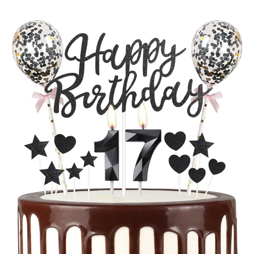 Schwarz 17th Geburtstag Kerze, Schwarz Alles Gute zum Geburtstag Kuchen Topper, Schwarz Ballons, Schwarz Zahl 17 Kerzen für Kuchen,Schwarz Kerzen Kuchen für Mädchen Jungen Frauen Geburtstag Party von mciskin