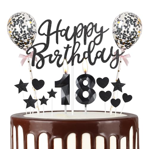 Schwarz 18th Geburtstag Kerze, Schwarz Alles Gute zum Geburtstag Kuchen Topper, Schwarz Ballons, Schwarz Zahl 18 Kerzen für Kuchen,Schwarz Kerzen Kuchen für Mädchen Jungen Frauen Geburtstag Party von mciskin