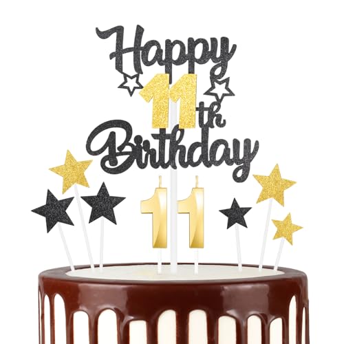Schwarz Gold 11th Happy Birthday Kerzen Cake Toppers Set, Zahl 11 Kerze für Kuchen, Goldkerzen für Frauen Männer Geburtstagsdekorationen, Stern Kuchen Topper für Mädchen Jungen Geburtstag Party von mciskin