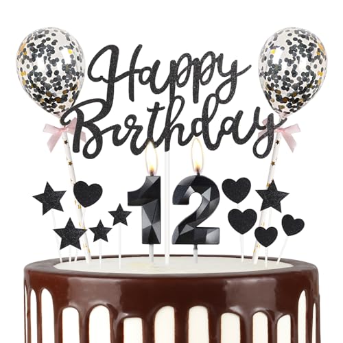 Schwarze Happy 12th Birthday Kerzen mit Happy Birthday Cake Topper, Schwarz Happy Birthday Luftballons, Zahl 12 Kerzen für Kuchen, Schwarze Kerzen Kuchen Topper für Mädchen Frauen Männer von mciskin
