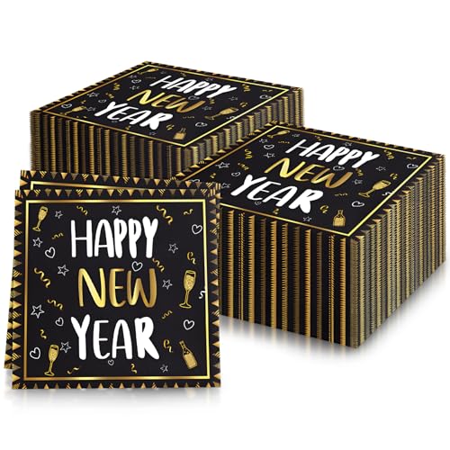 Servietten "Happy New Year", 20 Stück, schwarz-goldene Servietten, goldfarbene schwarze Papierservietten, Cocktailservietten Dinner Servietten, Seidenpapier für Silvester Papierservietten von mciskin