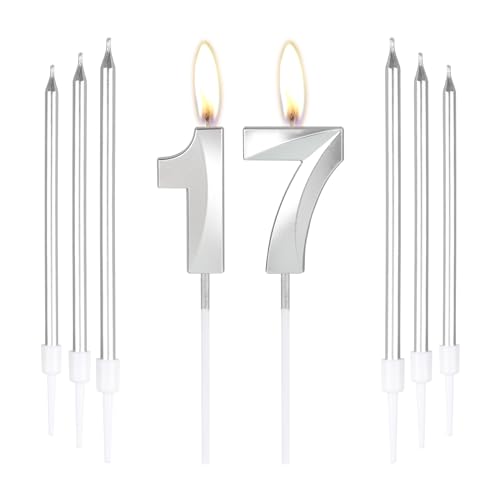 Silberne Kerzen zum 17. Geburtstag, Zahl 17 Kerzen mit 6 langen Kerzen, Party-Kerzen für Kuchen, silberne Kerzen, Kuchenaufsätze für Jungen, Mädchen, Männer, Frauen, 17. Geburtstag, Dekoration von mciskin