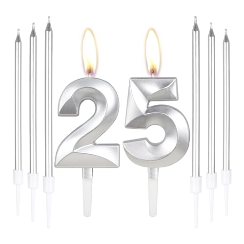 Silberne Kerzen zum 25ste Geburtstagskerze, Zahl 25 Kerzen mit 6 Langen Kerzen, Geburtstagsparty Kuchen Dekoration für Geburtstag, Party, Hochzeitstag von mciskin