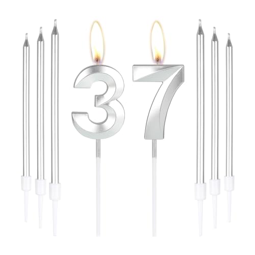 Silberne Kerzen zum 37. Geburtstag, Zahl 37 Kerzen mit 6 langen Kerzen, Party-Kerzen für Kuchen, silberne Kerzen, Kuchenaufsätze für Jungen, Mädchen, Männer, Frauen, 37. Geburtstag, Dekoration von mciskin