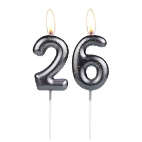 Sparkling Light Black 26th Birthday Number Candle, Black Number 26 Cake Candle, Birthday Cake Topper Cupcake Girl Boy, Wedding Anniversary Decoration von mciskin