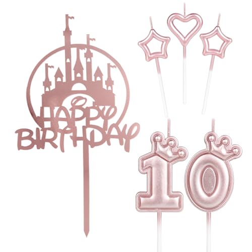 Tortenaufsatz "Happy 10th Birthday", rosa Schloss-Kuchenaufsatz, Krone Nummer 10, Kerze für Kuchen, rosa Kuchenkerzen, Kuchendekoration für Mädchen und Frauen, Geburtstagsparty, 10. Hochzeitstag, von mciskin