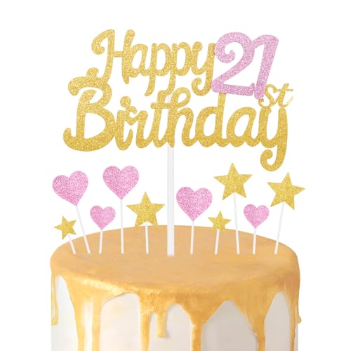 Tortenaufsatz zum 21. Geburtstag, goldene rosa Kuchendekoration, glitzernde Herz-Sterne, Kuchenaufsätze, personalisierbar, Happy Birthday-Kuchen-Cupcake-Topper für Frauen, Mädchen, von mciskin