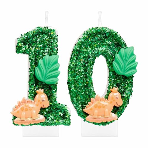 i-QiQi Dinosaurier Zahl 10 Geburtstagskerze Dinosaurier Glitzer 10 Geburtstag Zahlenkerze Glitzer 3D Design Kuchen Topper Dekoration Happy Birthday Kuchen Kerzen für Grün Tier Thema von mciskin