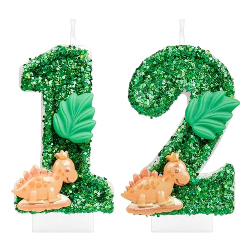 i-QiQi Dinosaurier Zahl 12 Geburtstagskerze Dinosaurier Glitzer 12 Geburtstag Zahlenkerze Glitzer 3D Design Kuchen Topper Dekoration Happy Birthday Kuchen Kerzen für Grün Tier Thema von mciskin