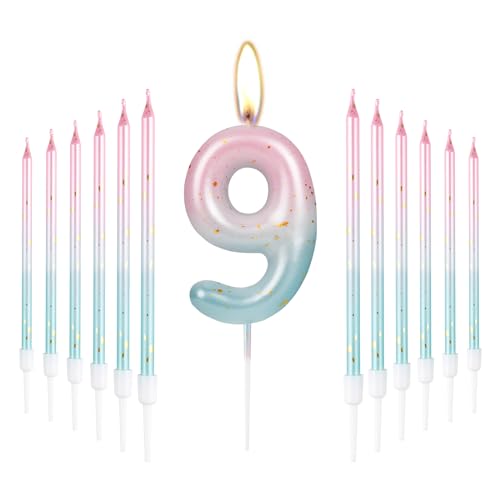 mciskin 13 Stück 9. Geburtstag Zahlenkerzen Dekorationen, Bunte 9 Kerzen mit rosa blauen Langen Kerzen für Kuchen, Kuchenkerzen, Kuchenaufsatz für Jungen, Mädchen, Männer, Frauen, DAHAO+FL+CG+SZ9 von mciskin