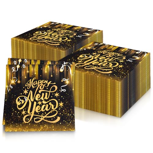 mciskin 20 Stück Schwarz-Gold-Servietten, Happy New Year-Servietten, goldfarbene schwarze Papierservietten, weiche Recycling-Papierservietten, Silvester-Papierservietten, Seidenpapier für von mciskin