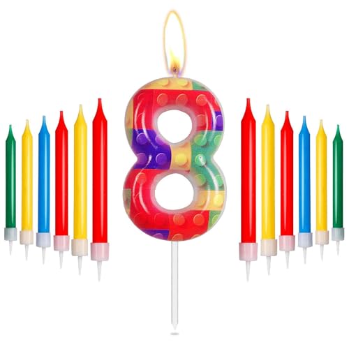 mciskin Bausteine-Geburtstagskerzen, rote, gelbe, grüne, Blaue Zahl 8-Kerzen für Kuchen, Pixel-Partykerzen, Bausteine-Motto-Geburtstagskuchenkerzen für Jungen und Mädchen, 8. Geburtstag, Dekorationsz von mciskin